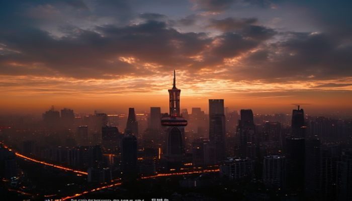 创作者在上海外滩黄昏时分进行偷拍自拍，逆光勾勒出人物轮廓，背景是金色光晕中的浦东天际线，画面充满都市诗意