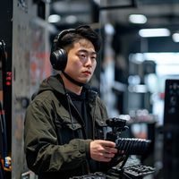 器材评测师王峰，男生在摄影器材店内对比测试多款手机的偷拍自拍效果，表情认真