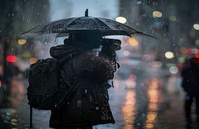 摄影师在雨天街头撑伞进行偷拍自拍创作，雨滴打在镜头上形成朦胧感，背景是模糊的城市灯光